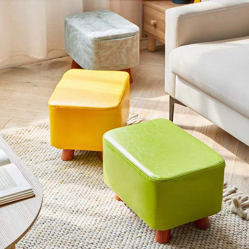 Contemporary Leather Wood Footstool — Light Blue