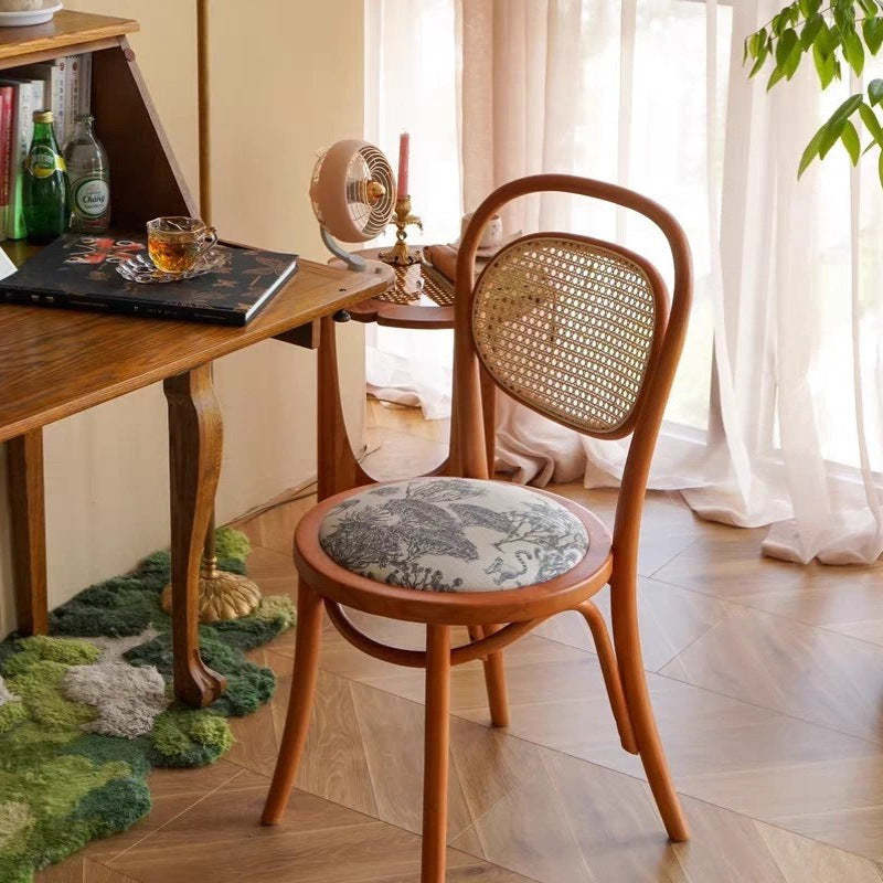 Nordic Round Rattan Wood Fabric Chair — Walnut Color
