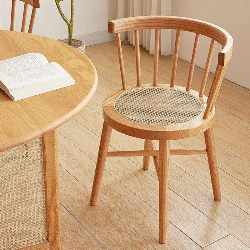 Japanese Round Wood Rattan Armless Chair — Walnut Color