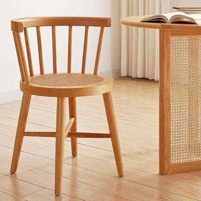 Japanese Round Wood Rattan Armless Chair