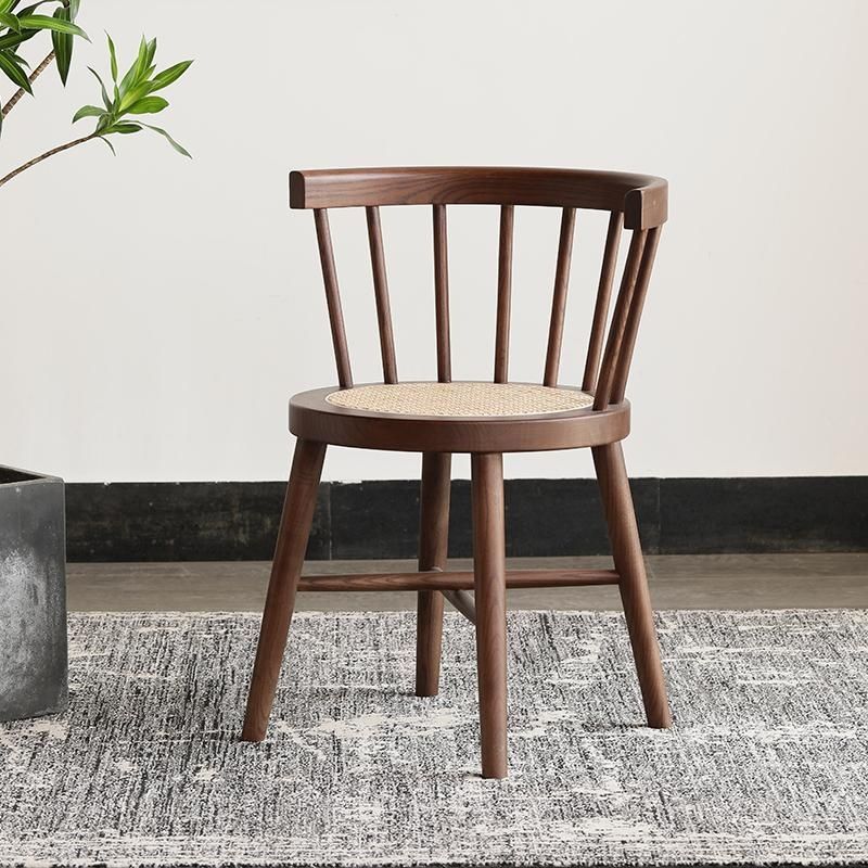 Japanese Round Wood Rattan Armless Chair — Wood Color