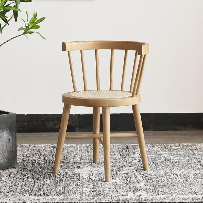 Japanese Round Wood Rattan Armless Chair