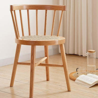 Japanese Round Wood Rattan Armless Chair