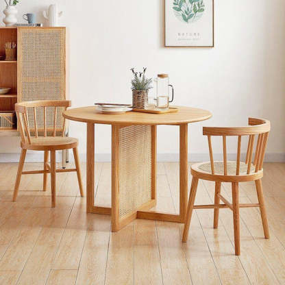 Japanese Round Wood Rattan Armless Chair