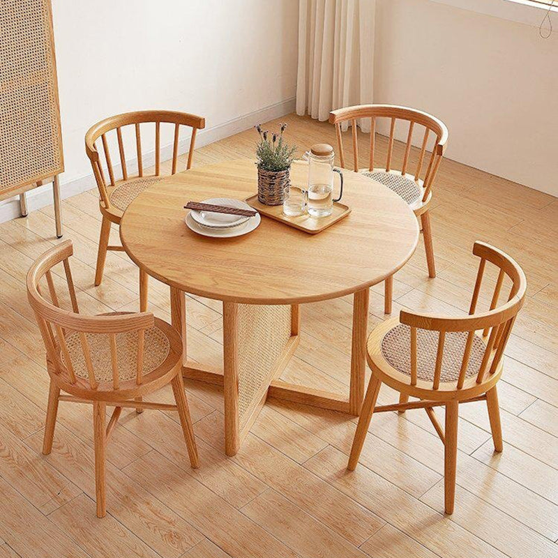 Japanese Round Wood Rattan Armless Chair