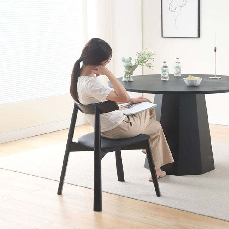 Minimalist Oval Wood Leather Armless Chair — Wood Color