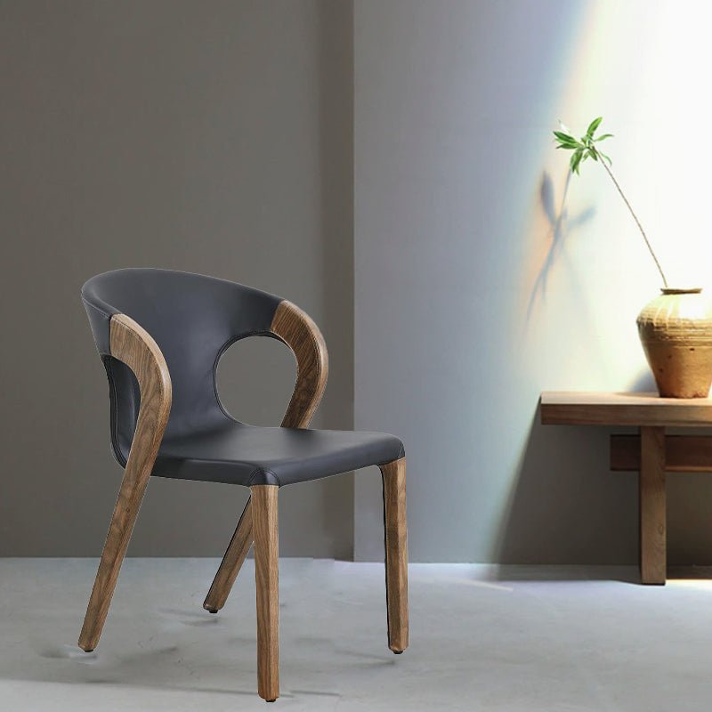 Nordic Wood Leather Armless Chair - Black