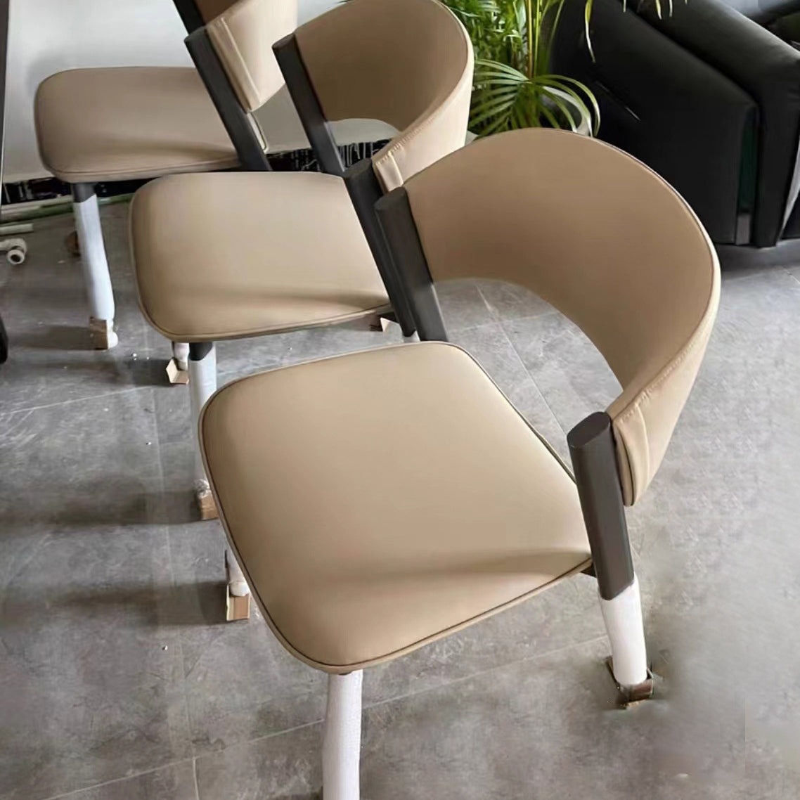 Contemporary Semi-Arc Nappa Leather Steel Chair — Khaki