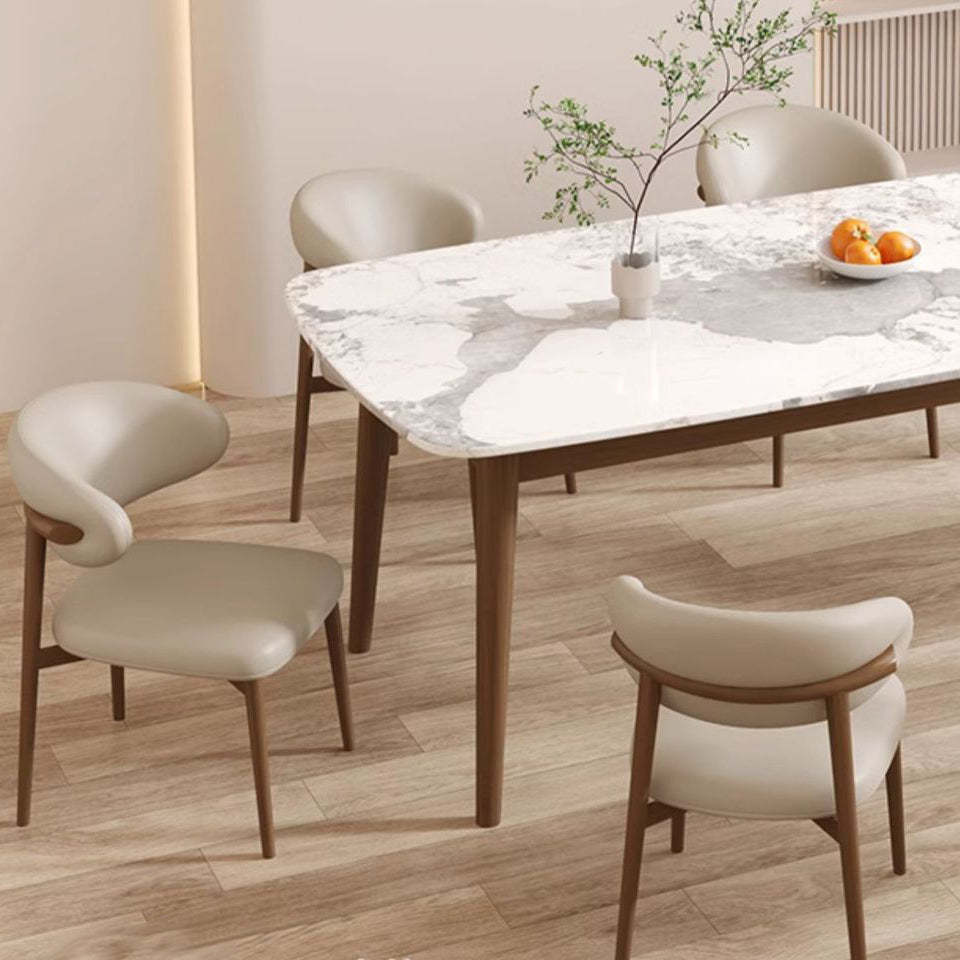 Contemporary Curved PU Leather Steel Dining Chair — Wood / Coffee Brown