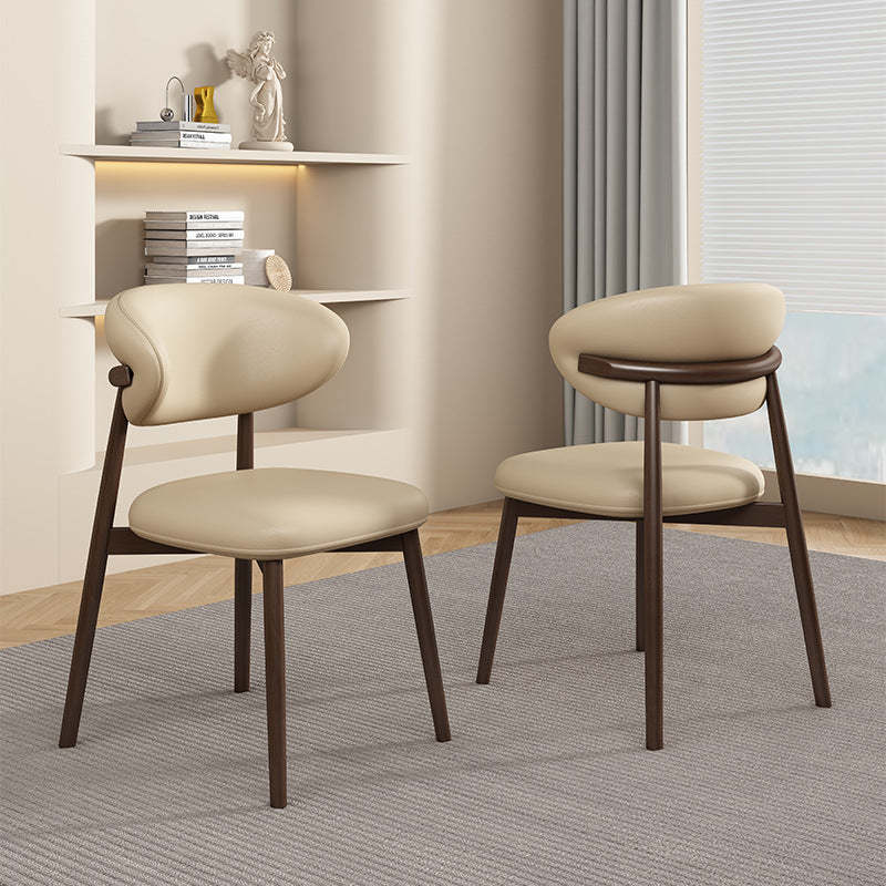 Contemporary Curved PU Leather Steel Dining Chair — Wood / Light Khaki
