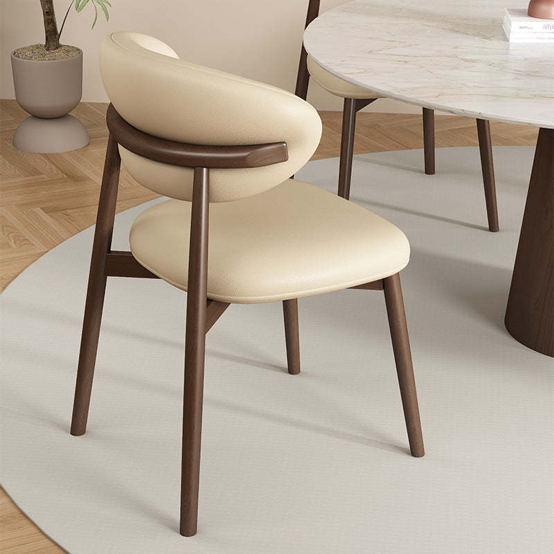 Contemporary Curved PU Leather Steel Dining Chair — Wood / Mocha Brown