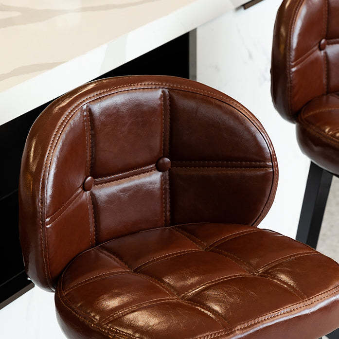 Contemporary Round Fabric Leather Wood Bar Stool — Dark Green Oil Wax Leather / Brown