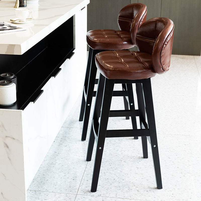 Contemporary Round Fabric Leather Wood Bar Stool — Lake Blue Oil Wax Leather / Black