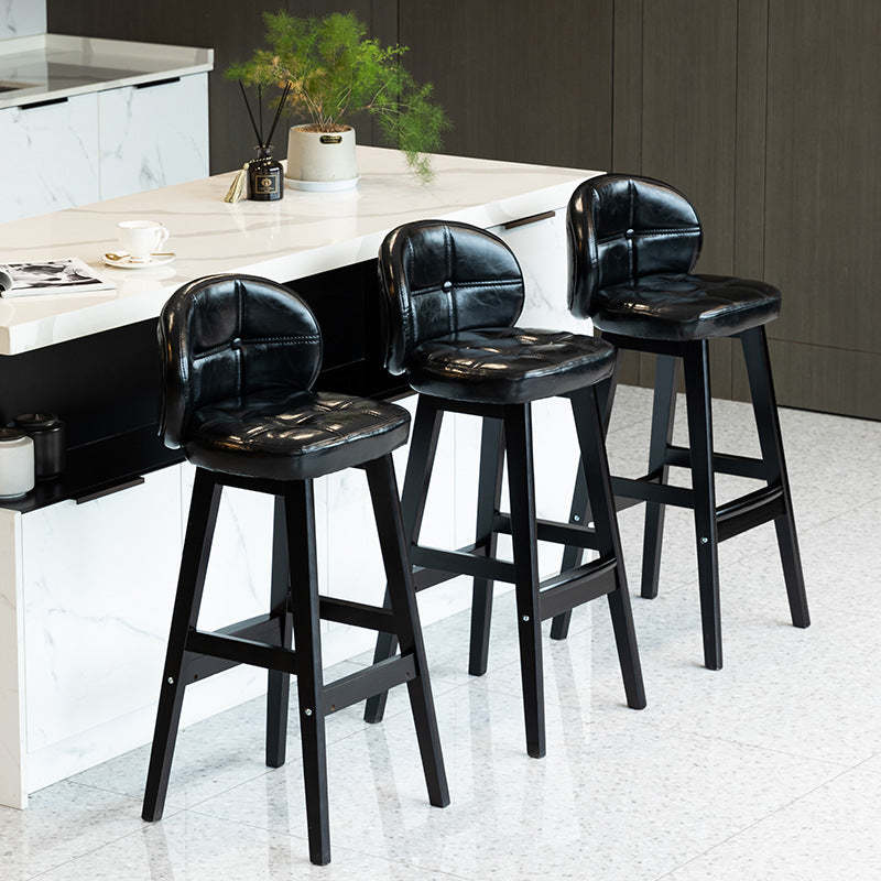 Contemporary Round Fabric Leather Wood Bar Stool — Coffee Color Oil Wax Leather / Black