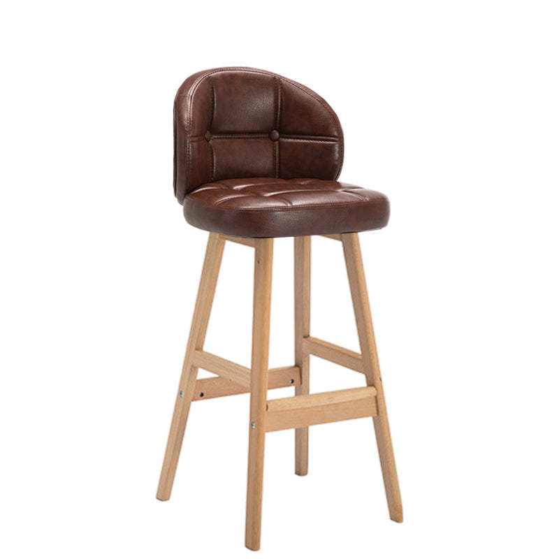 Contemporary Round Fabric Leather Wood Bar Stool — Gray Fabric / Brown