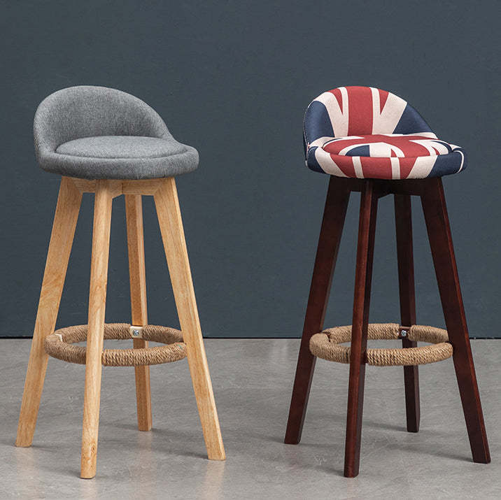 Nordic Rubber Wood Round Rotatable Low-Back Bar Stool — White Oil Wax Leather