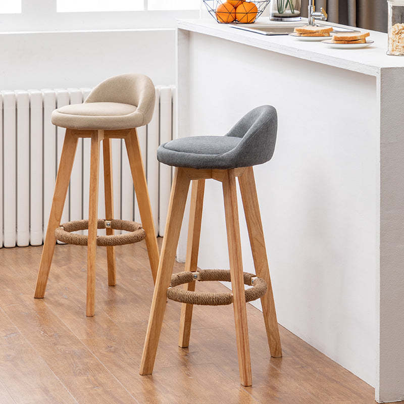 Nordic Rubber Wood Round Rotatable Low-Back Bar Stool — Beige Linen