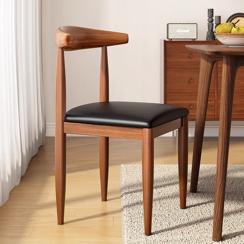 Scandinavian Cowhide Leather Square Dining Chair — Sponge / Black Leather - Walnut Legs