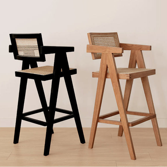 Retro Wood Rattan Bar Stool — Imitation Rattan / Cherry Color