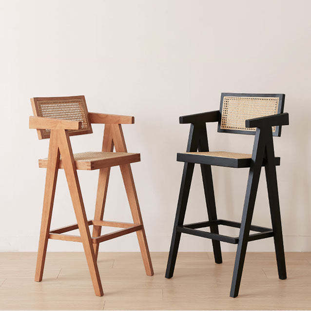 Retro Wood Rattan Bar Stool — Rattan / Black