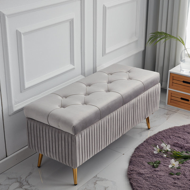 Minimalist Velvet Metal Storage Bench — Light Gray