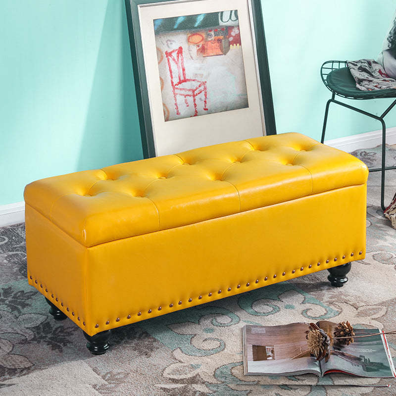 Nordic Wood PU Leather Storage Bench — Navy Blue