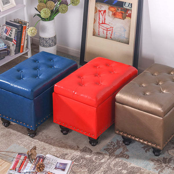 Nordic Wood PU Leather Storage Bench — Navy Blue