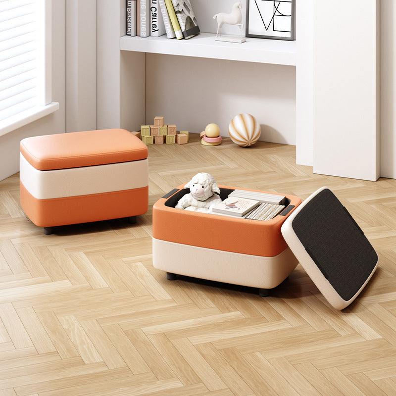 Minimalist PU Leather Wood Storage Footstool — Gray + White