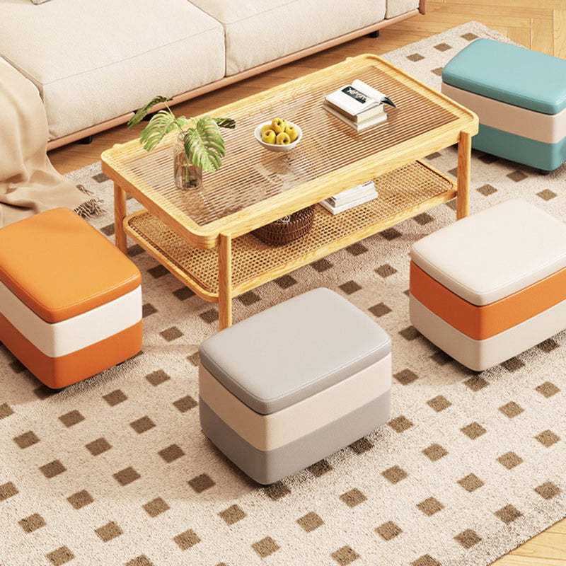 Minimalist PU Leather Wood Storage Footstool — White + Orange