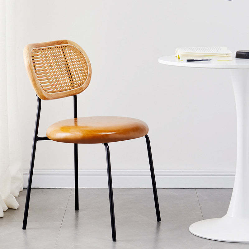 Nordic Rattan Iron PU Leather Dining Chair — Black / Matte Brown