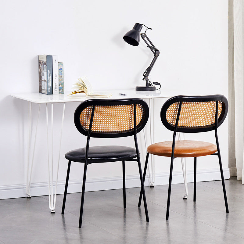 Nordic Rattan Iron PU Leather Dining Chair — Wood Color / Black