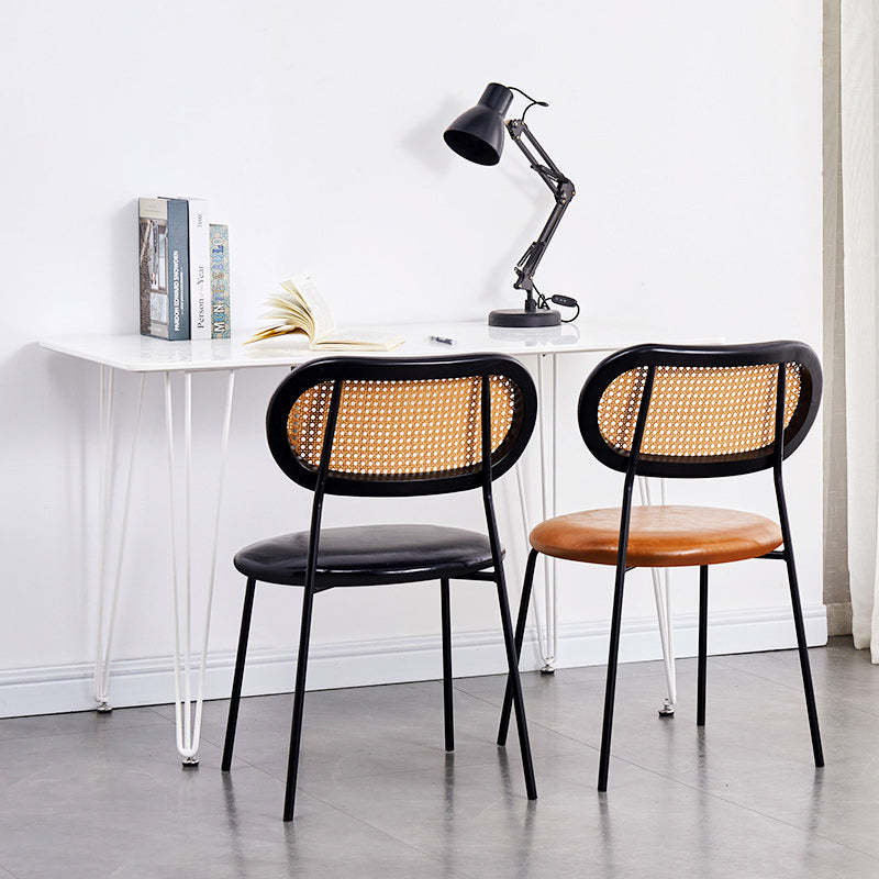 Nordic Rattan Iron PU Leather Dining Chair — Wood Color / Black