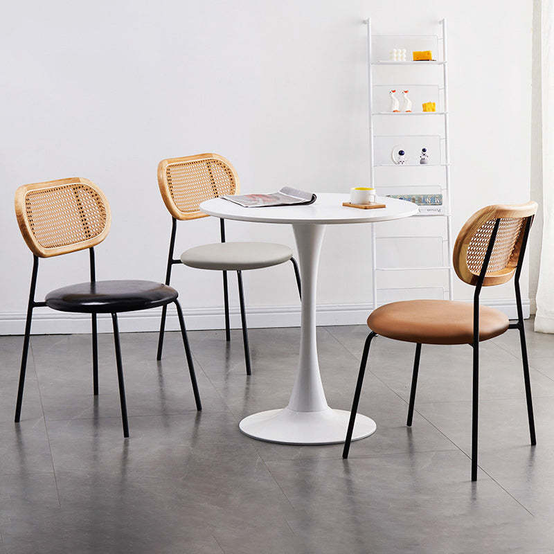 Nordic Rattan Iron PU Leather Dining Chair — Wood Color / Beige