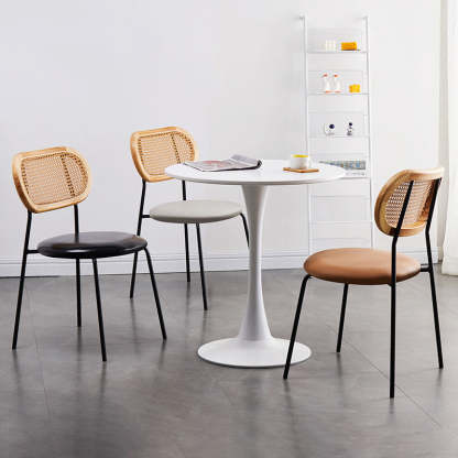 Nordic Rattan Iron PU Leather Dining Chair — Wood Color / Beige