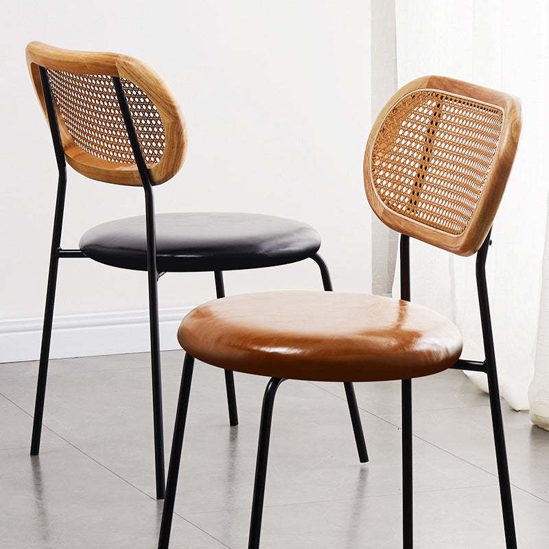 Nordic Rattan Iron PU Leather Dining Chair — Brown / Black