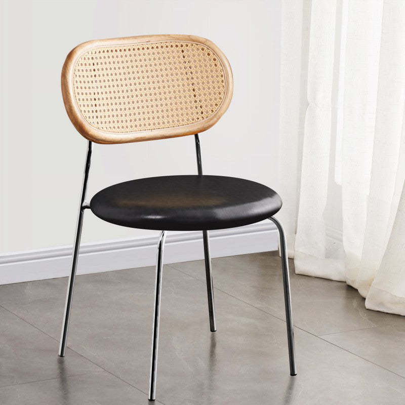Nordic Rattan Iron PU Leather Dining Chair — Brown / Beige