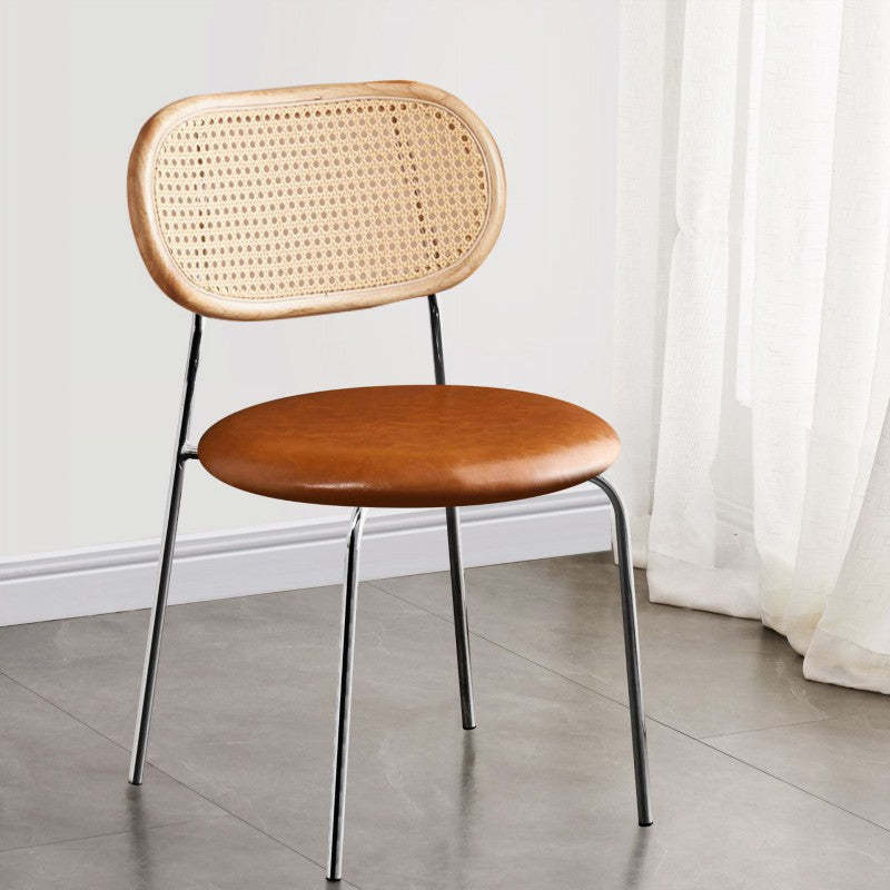 Nordic Rattan Iron PU Leather Dining Chair — Brown / Matte Brown