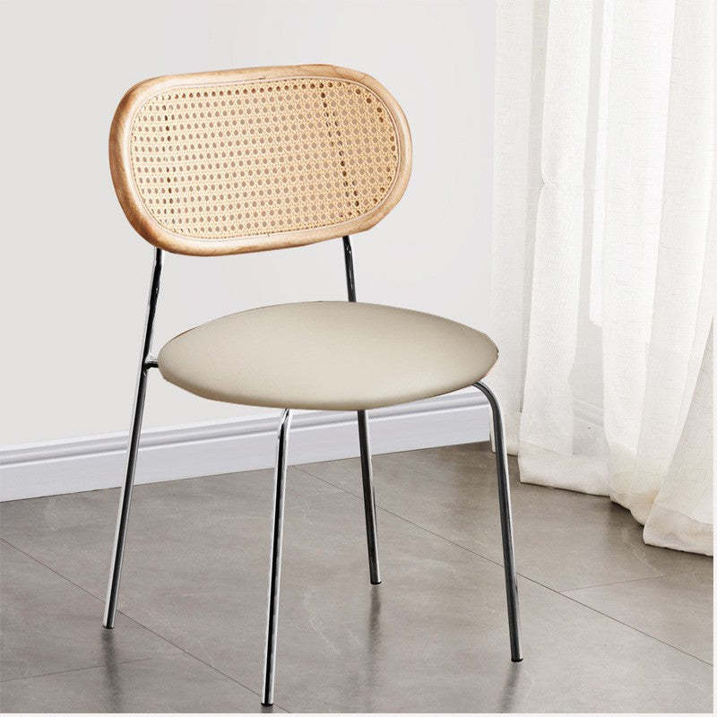 Nordic Rattan Iron PU Leather Dining Chair — Brown / Brown
