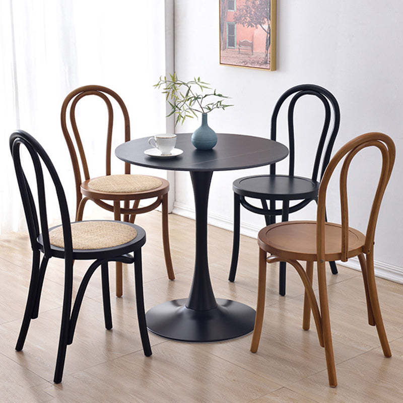 Retro Woven Rattan Slat-Back Dining Chair — Black Walnut Color / Wood Board