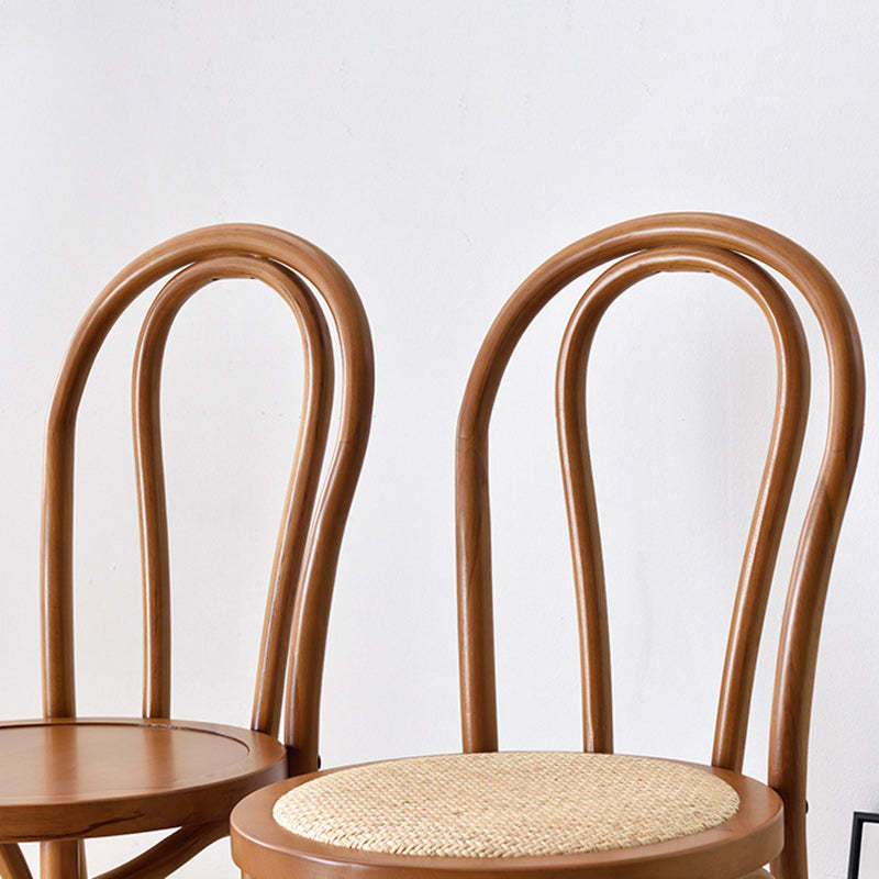 Retro Woven Rattan Slat-Back Dining Chair — Honey Color / Wood Board