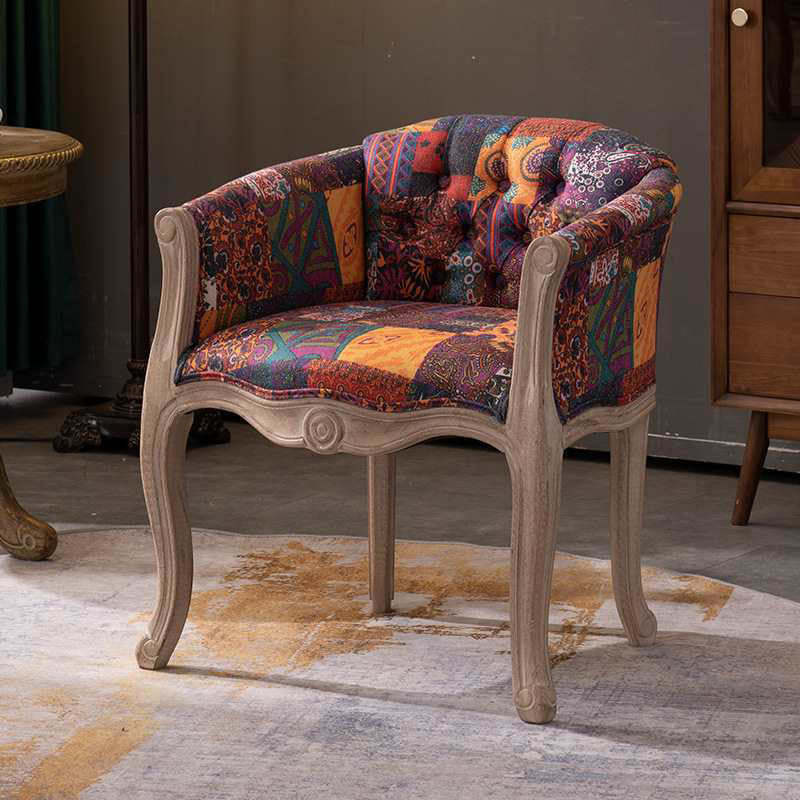 Vintage Fabric Wood Half-Round Accent Chair — A