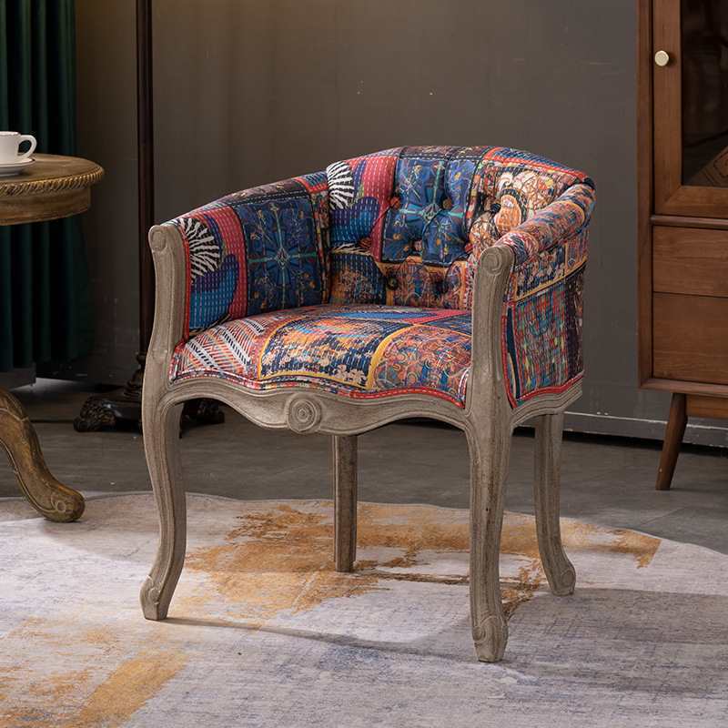 Vintage Fabric Wood Half-Round Accent Chair