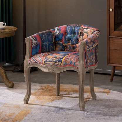 Vintage Fabric Wood Half-Round Accent Chair