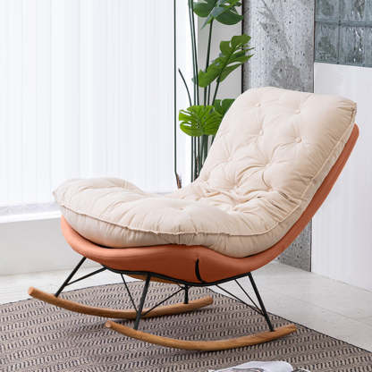 Scandinavian Leather Iron Wood Rectangular Curved Recliner — Velvet & Orange