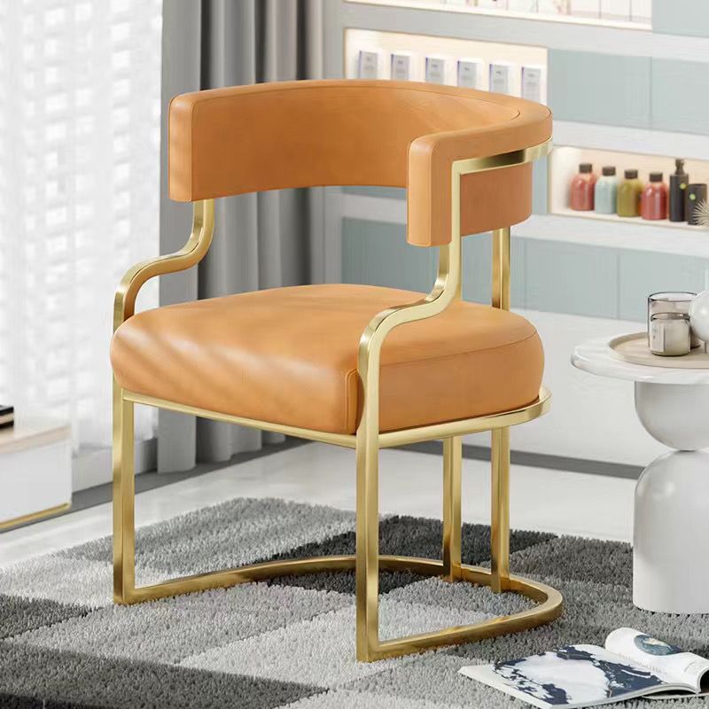 Contemporary Microfiber Leather Curved Dining Chair — Orange Leather Cushion + Gold Frame