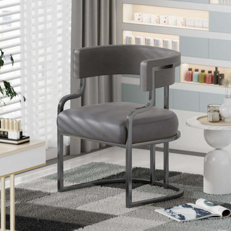 Contemporary Microfiber Leather Curved Dining Chair — Beige + Blue Leather Cushion + Black Frame