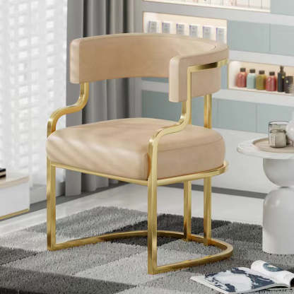 Contemporary Microfiber Leather Curved Dining Chair — Beige Leather Cushion + Gold Frame