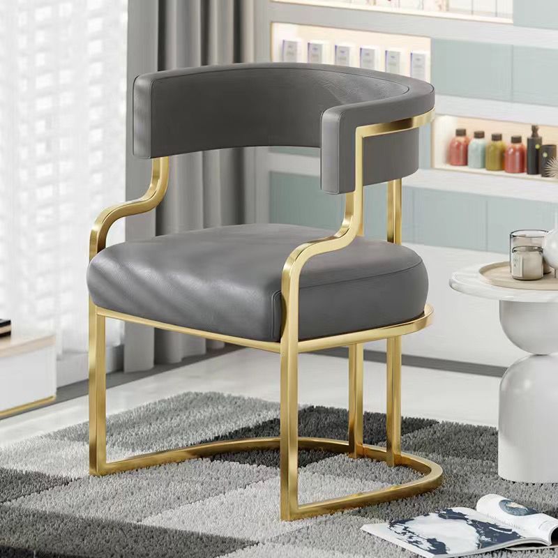 Contemporary Microfiber Leather Curved Dining Chair — Dark Gray Leather Cushion + Gold Frame