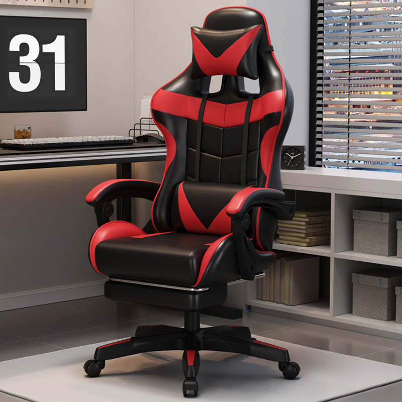 Minimalist Leather Metal Nylon Arc Desk Chair — With Footrest / Black & Red