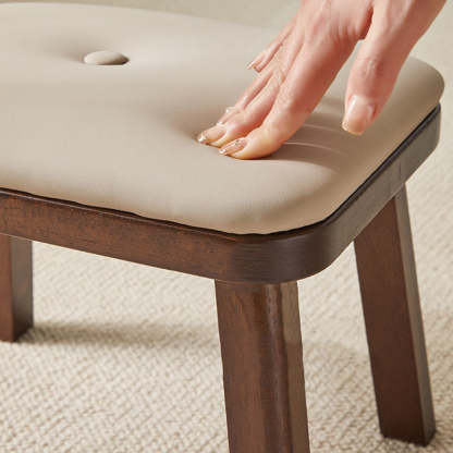 Vintage Leather Wood Low Stool — Beige Leather Upholstered Seat + Cherry Color Frame